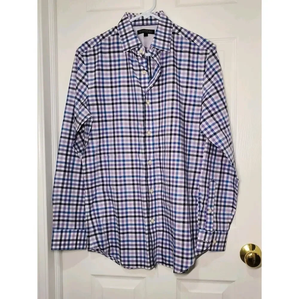 Banana Republic Non Iron Tailored Slim Fit Shirt Mens M Purple Blue Plaid Button